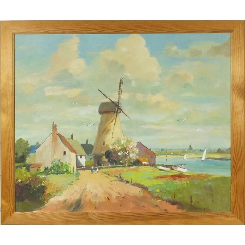 994 - Marcus Ford - Oil onto canvas laid onto board view of figures walking before a windmill, pine framed... 