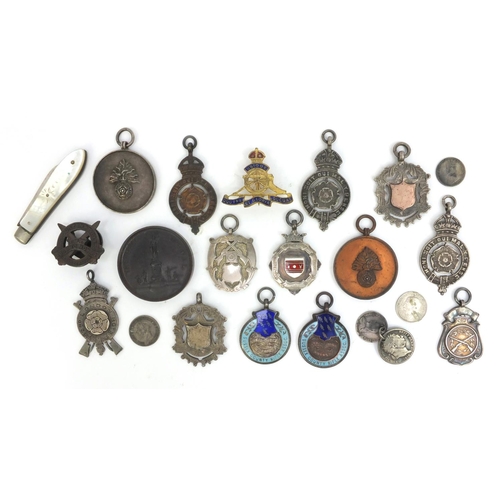 379 - Group of mostly silver Military interest jewels together with a silver bladed Mother of Pearl flanke... 