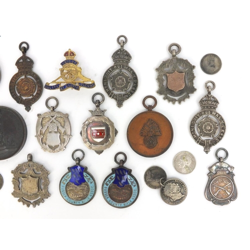 379 - Group of mostly silver Military interest jewels together with a silver bladed Mother of Pearl flanke... 