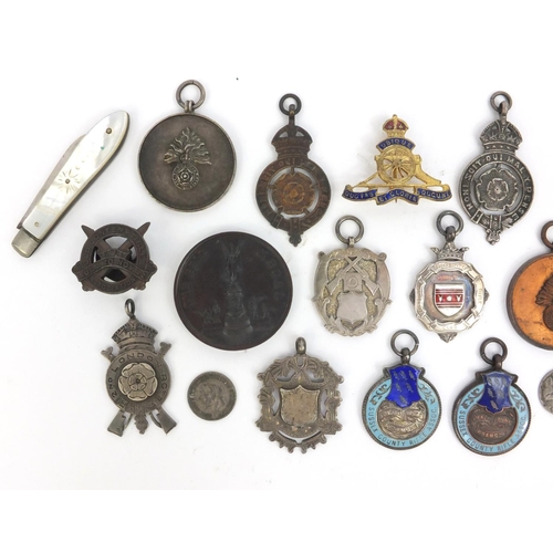 379 - Group of mostly silver Military interest jewels together with a silver bladed Mother of Pearl flanke... 