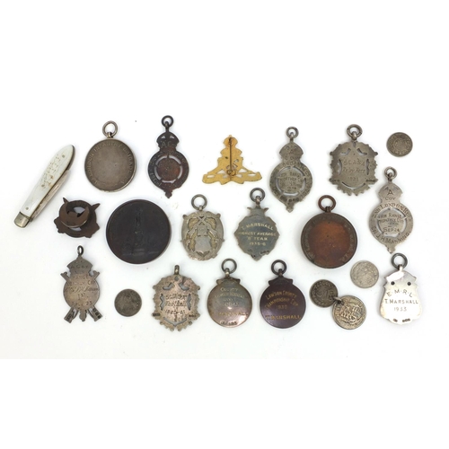 379 - Group of mostly silver Military interest jewels together with a silver bladed Mother of Pearl flanke... 