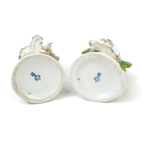 595 - Pair of continental hand painted porcelain figures, one of a dancing boy and one of a female, both s... 