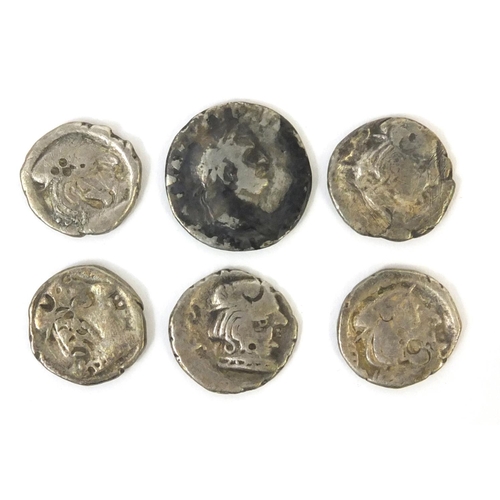 294 - Group of six silver Roman coins including a Apollo Jupiter Denarius example, the largest 1.7cm in di... 