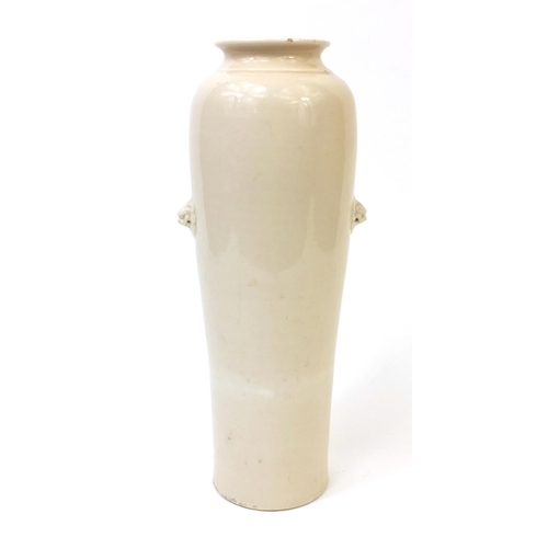 490 - Chinese porcelain cylindrical celadon glazed vase with dog of foo handles, 33cm high (PROVENANCE: Fr... 