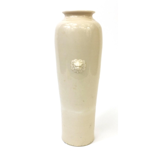 490 - Chinese porcelain cylindrical celadon glazed vase with dog of foo handles, 33cm high (PROVENANCE: Fr... 