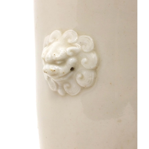 490 - Chinese porcelain cylindrical celadon glazed vase with dog of foo handles, 33cm high (PROVENANCE: Fr... 