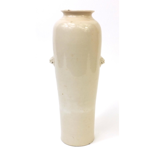 490 - Chinese porcelain cylindrical celadon glazed vase with dog of foo handles, 33cm high (PROVENANCE: Fr... 