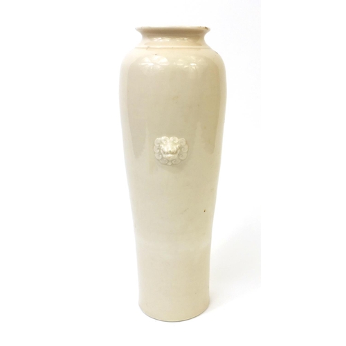 490 - Chinese porcelain cylindrical celadon glazed vase with dog of foo handles, 33cm high (PROVENANCE: Fr... 