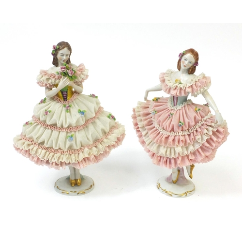 594 - Pair of Continental hand painted porcelain ballerina figures, factory marks to the bases, the talles... 