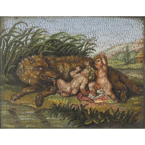 32 - 19th century rectangular Roman micromosaic panel depicting Romulus and Remus suckling the she-wolf, ... 