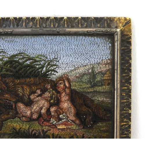 32 - 19th century rectangular Roman micromosaic panel depicting Romulus and Remus suckling the she-wolf, ... 