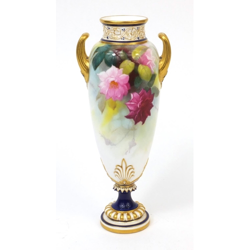 603 - Royal Worcester twin handled vase hand painted with flowers, with gilt borders and handles signed A ... 