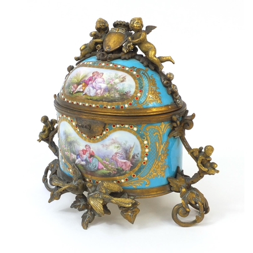 589 - 19th century Sevres porcelain and ormolu hand painted jewellery casket, the porcelain hand painted w... 
