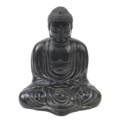 569 - Oriental Chinese bronze seated Buddha, character marks to the reverse, 20cm high