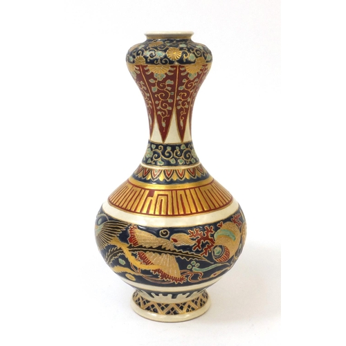 497 - Japanese Satsuma pottery vase hand painted and gilded with a mythical creature amongst foliage, char... 