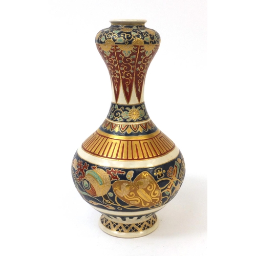 497 - Japanese Satsuma pottery vase hand painted and gilded with a mythical creature amongst foliage, char... 