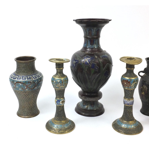 574 - Collection of Oriental Cloisonné metal ware including a large bronze vase enamelled with flowers, pa... 