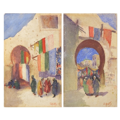 962 - S Palze - Two unframed watercolour views of Arabic street scene, each 24cm x 15cm
