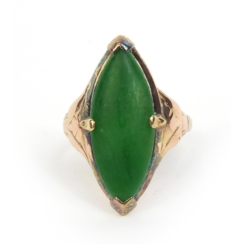 526 - Chinese 18ct gold green jade ring, size K, approximate weight 4.5g