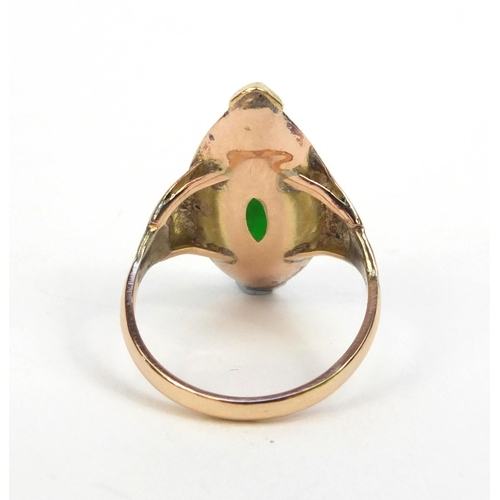 526 - Chinese 18ct gold green jade ring, size K, approximate weight 4.5g