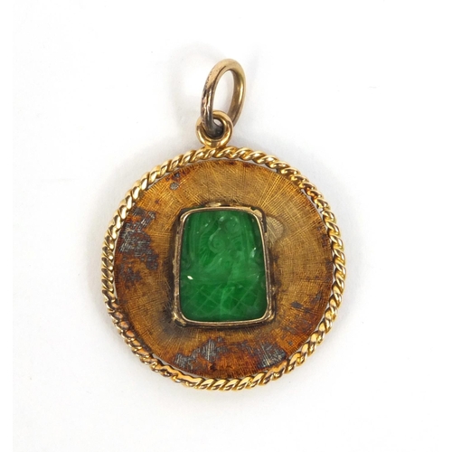 524 - Chinese unmarked gold green jade pendant and bar brooch, the brooch 4.5cm long, approximate weight 8... 