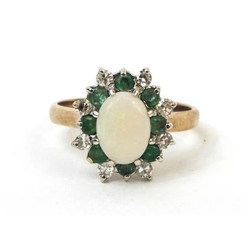 881 - 9ct gold opal, emerald and diamond ring, size L, approximate weight 3.0g