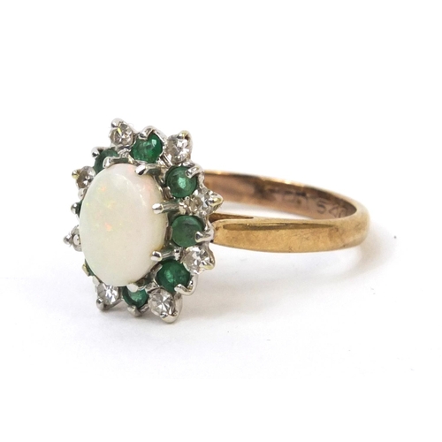 881 - 9ct gold opal, emerald and diamond ring, size L, approximate weight 3.0g