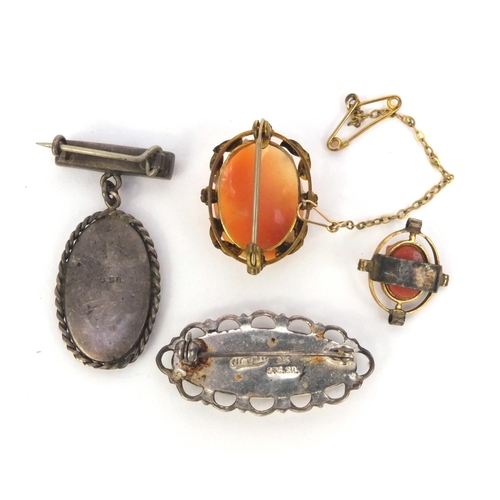 891 - Two silver abalone brooches, an unmarked gold coral cameo brooch and a gilt metal cameo brooch, the ... 