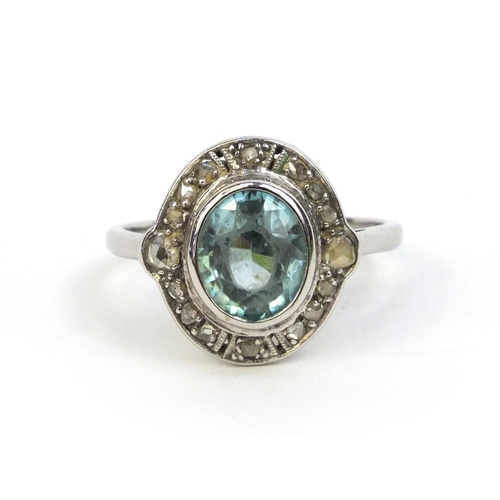 821 - Art Deco platinum aquamarine and diamond ring, size K, approximate weight 4.0g