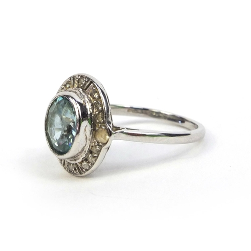 821 - Art Deco platinum aquamarine and diamond ring, size K, approximate weight 4.0g