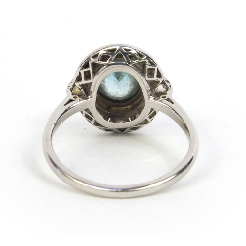 821 - Art Deco platinum aquamarine and diamond ring, size K, approximate weight 4.0g