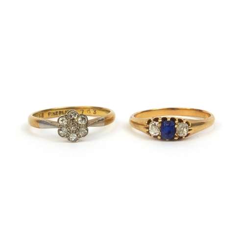 878 - 18ct gold diamond cluster ring, size N, and an unmarked gold sapphire and diamond ring, size L, appr... 