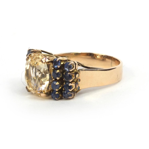 813 - Designer 14ct gold yellow and blue sapphire ring, size K, approximate weight 6.0g