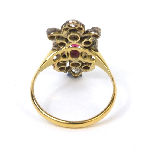 800 - 18ct gold diamond cluster and ruby ring, size T, approximate weight 5.7g