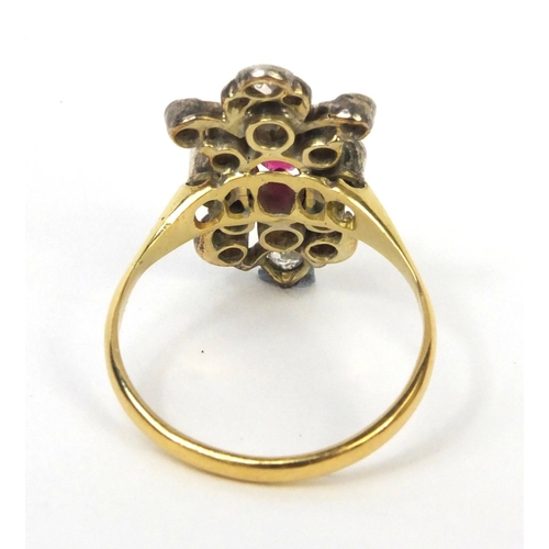 800 - 18ct gold diamond cluster and ruby ring, size T, approximate weight 5.7g