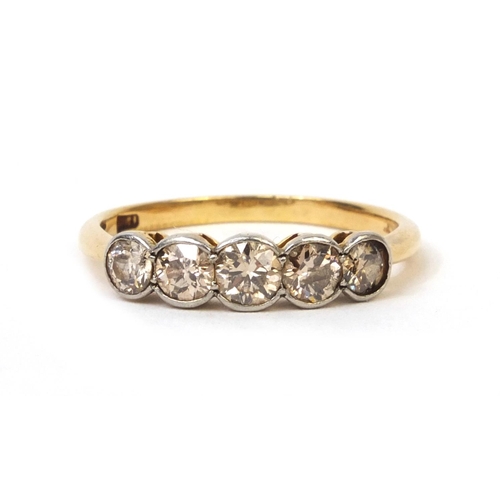 824 - 18ct gold diamond five stone ring, size S, approximate weight 2.7g