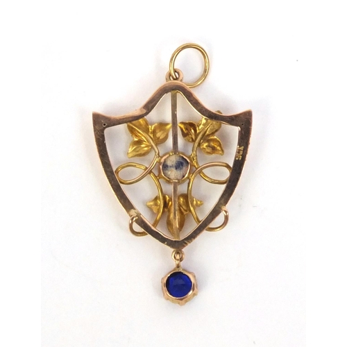 872 - Art Nouveau 9ct gold blue stone pendant and two Victorian 9ct gold brooches set with seed pearls and... 