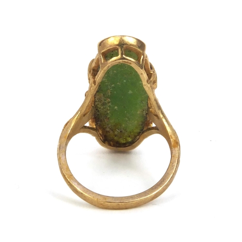 525 - Chinese 9ct gold green jade ring, size K, approximate weight 4.4g