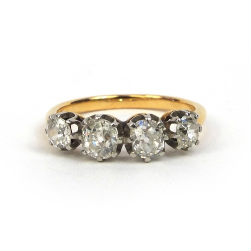 802 - Unmarked gold diamond four stone ring, size K, approximate weight 2.8g