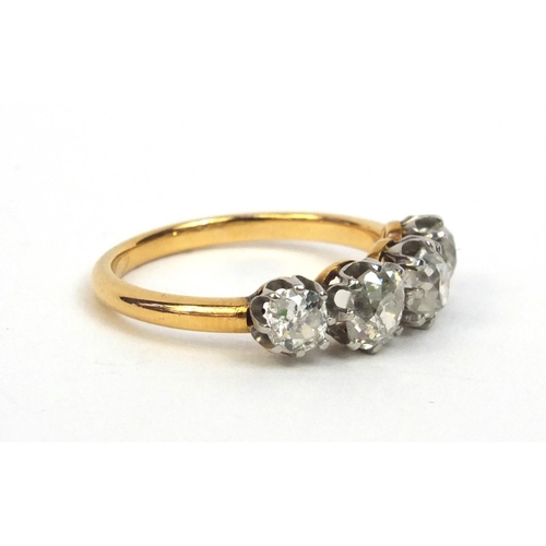 802 - Unmarked gold diamond four stone ring, size K, approximate weight 2.8g