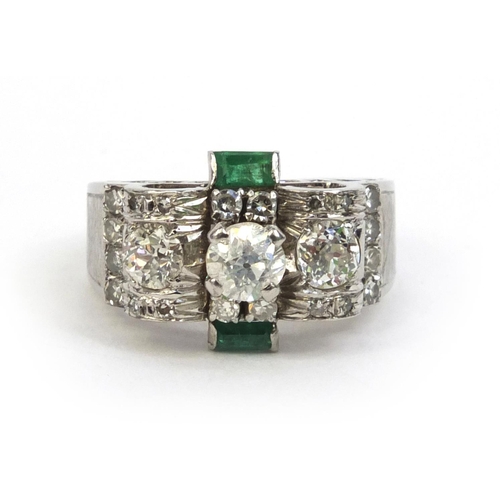 807A - Art Deco unmarked white gold diamond and emerald ring, size K, approximate weight 5.5g