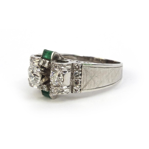 807A - Art Deco unmarked white gold diamond and emerald ring, size K, approximate weight 5.5g