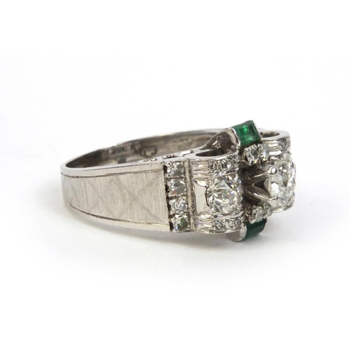 807A - Art Deco unmarked white gold diamond and emerald ring, size K, approximate weight 5.5g