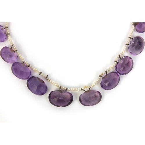 835 - Amethyst and seed pearl necklace, 32cm long, approximate weight 16.0g