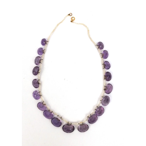 835 - Amethyst and seed pearl necklace, 32cm long, approximate weight 16.0g