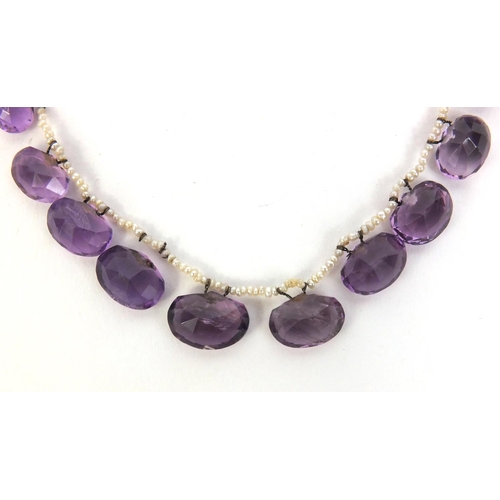 835 - Amethyst and seed pearl necklace, 32cm long, approximate weight 16.0g