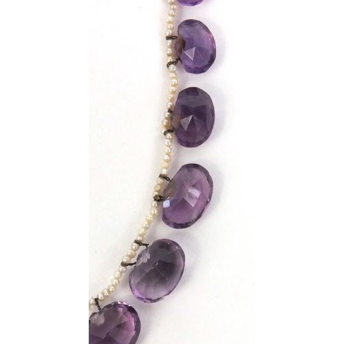 835 - Amethyst and seed pearl necklace, 32cm long, approximate weight 16.0g