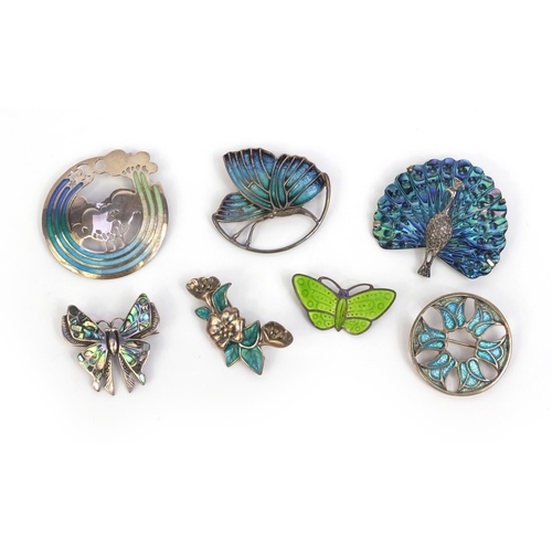 887 - Six silver insect and flower brooches, with enamelled and abalone decoration and one other butterfly... 