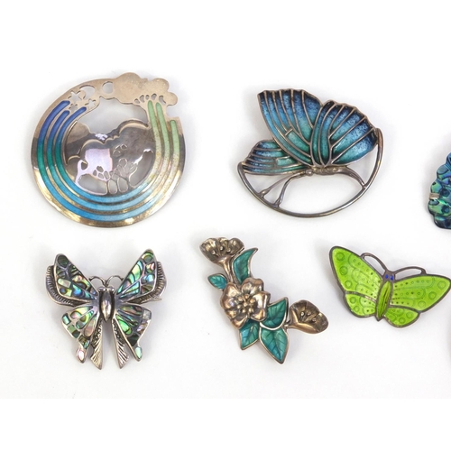 887 - Six silver insect and flower brooches, with enamelled and abalone decoration and one other butterfly... 