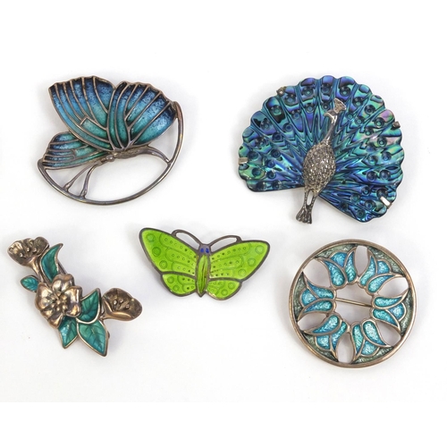 887 - Six silver insect and flower brooches, with enamelled and abalone decoration and one other butterfly... 